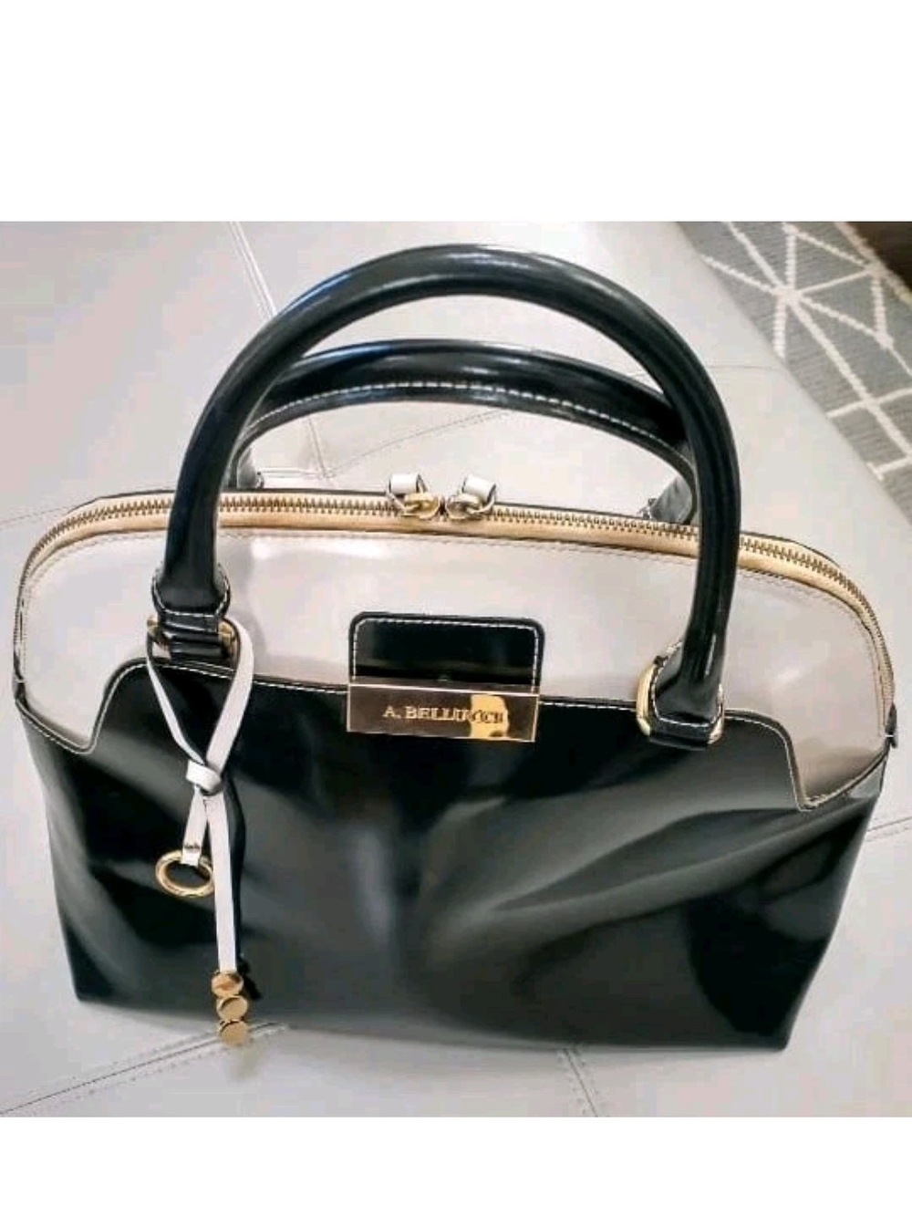 Women's A.BELLUCCI Black/White Genuine Leather Tote ITALY